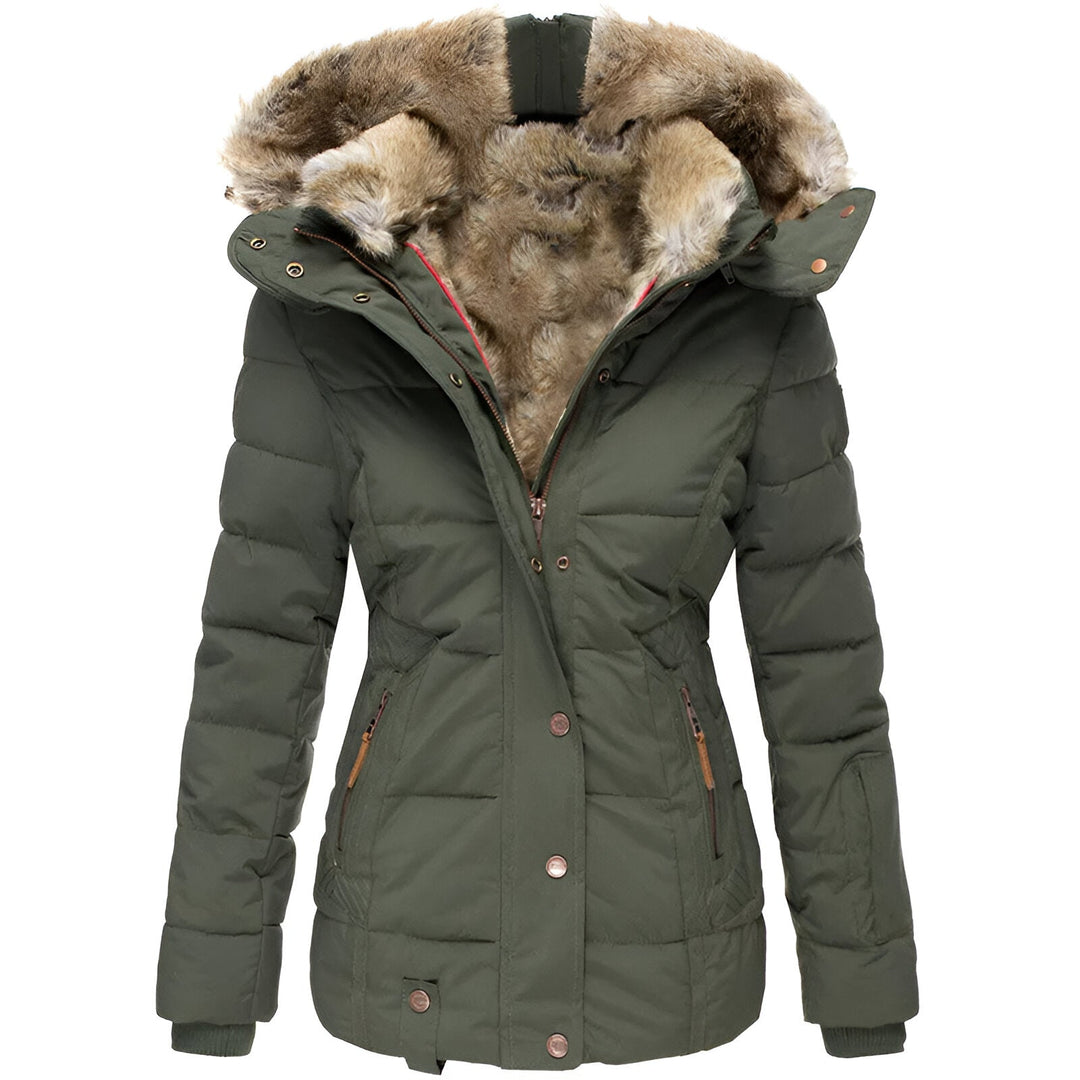 Women's winter puffer jacket with plush fur-lined hood, sleek quilted silhouette for luxurious warmth