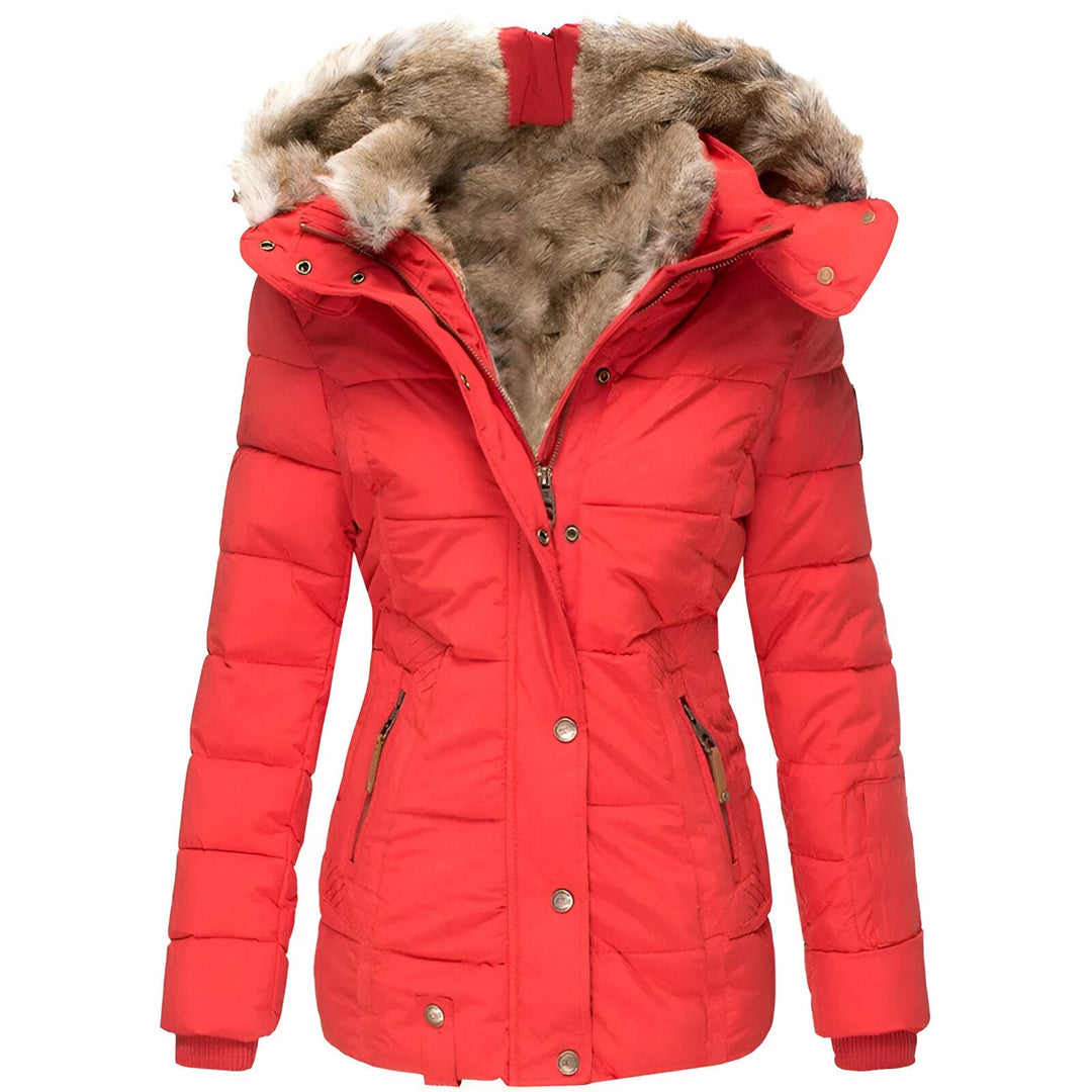 Women's winter puffer jacket with plush fur-lined hood, sleek silhouette for luxurious cold-weather style