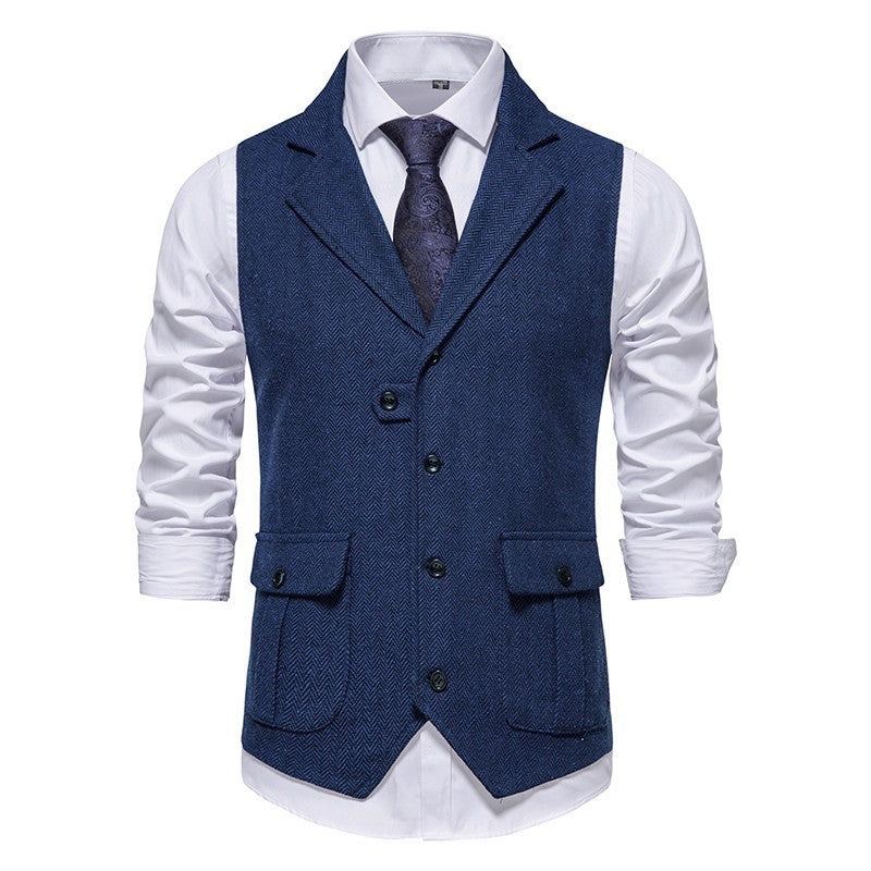 Men's brown herringbone wool-blend tailored vest with button front smart casual office style