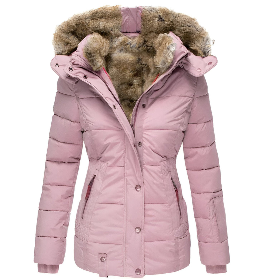 Women's winter puffer jacket with plush fur-lined hood, luxurious silhouette for cold-weather style