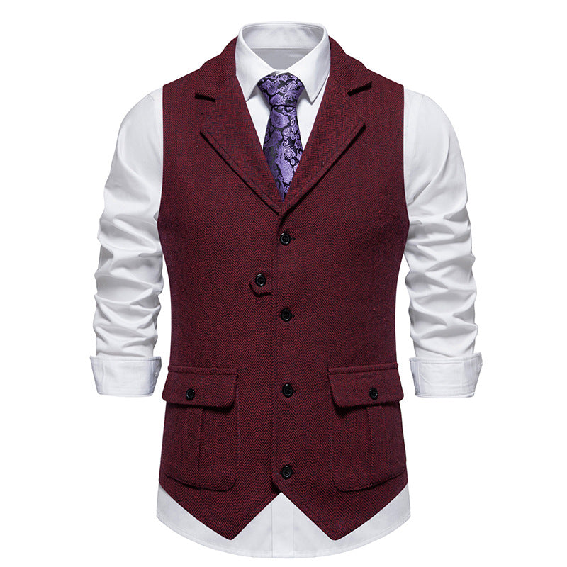 Men's brown herringbone wool-blend tailored vest with button front smart casual office style