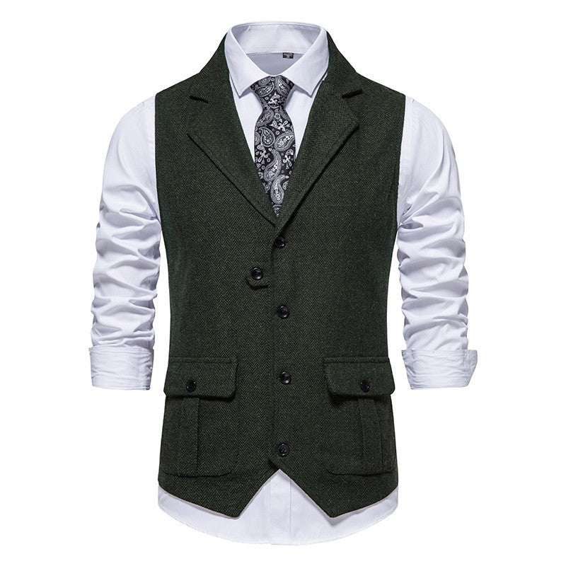 Men's brown herringbone wool-blend tailored vest with button front smart casual office style