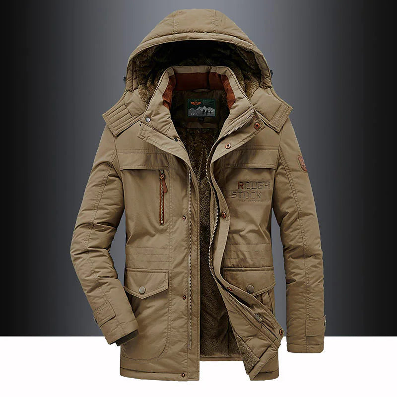 Men's heavy-duty insulated winter jacket with hood, waterproof shell, designed for outdoor and city wear