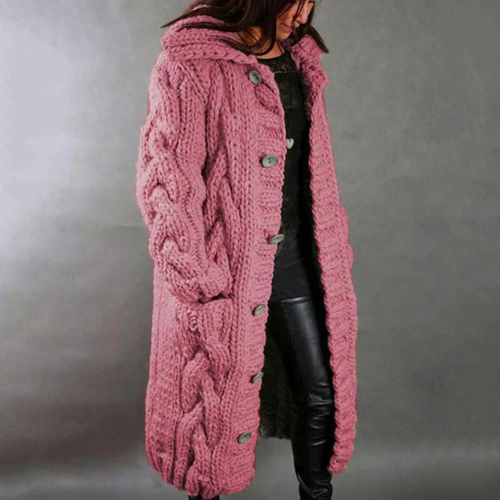 Women's long cable knit cardigan in cozy chunky texture, full-length silhouette for winter layering