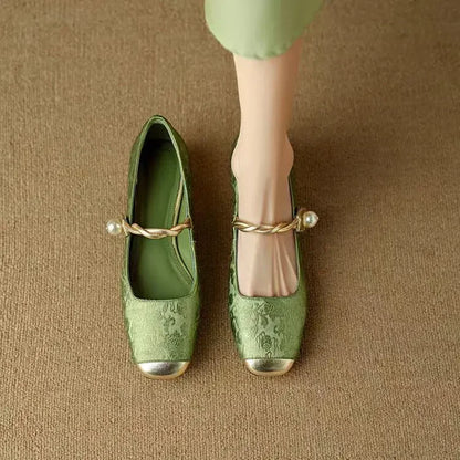 Women's glitter block heel Mary Jane shoes with pearl strap and metallic toe cap, retro style