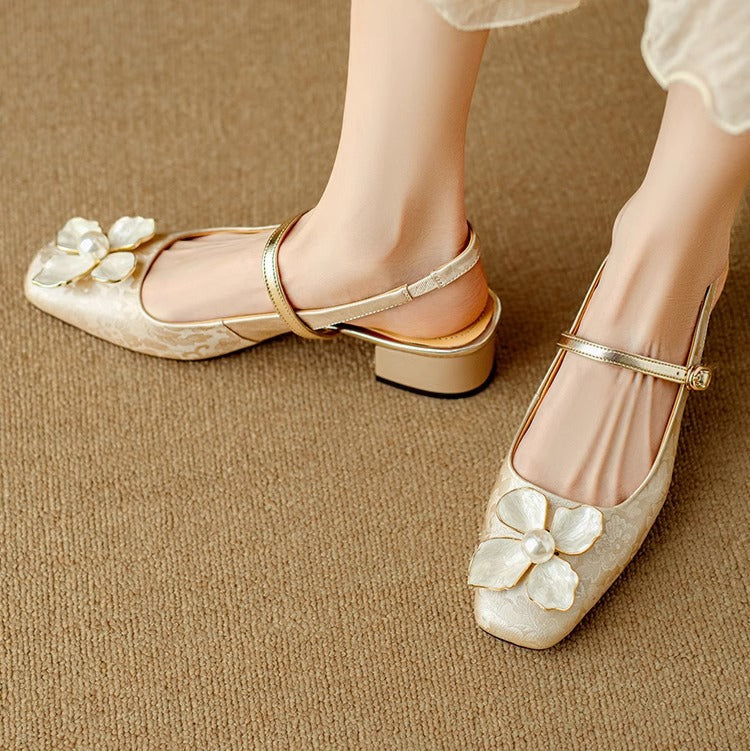 Women's floral jacquard Mary Jane pumps with pearl embellishment, block heel, and adjustable ankle strap