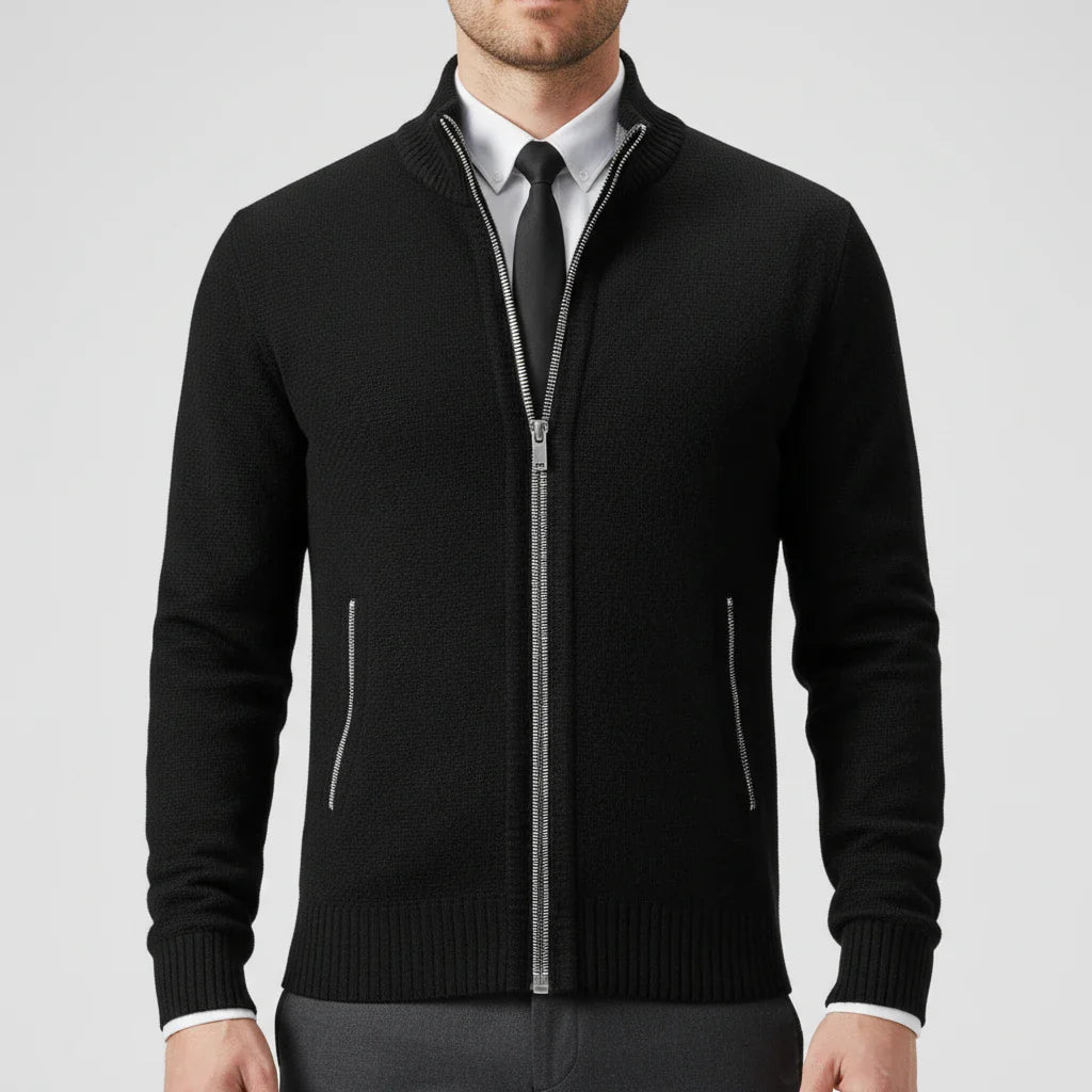 Men's zip-up stand collar sweater in classic tones, slim fit with full-length zipper for versatile layering