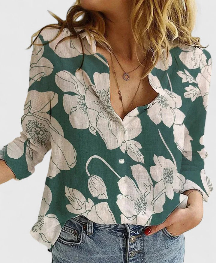 Women's relaxed linen button-down shirt with soft wavy lapel collar, effortlessly polished everyday style