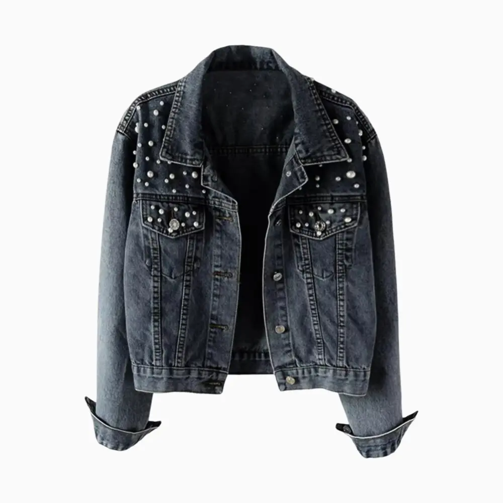 Light blue loose-fit short denim jacket with decorative beaded pearl accents for elegant casual style