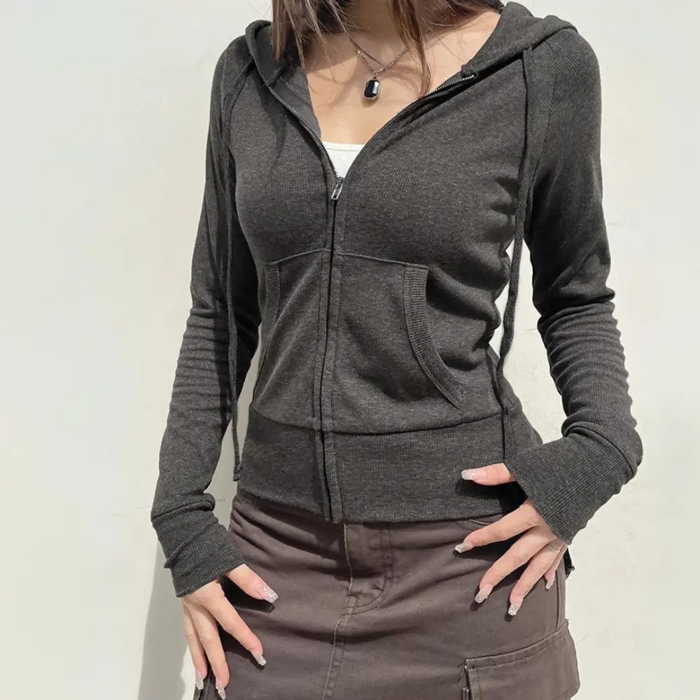 Gianna black zip-up hoodie sweatshirt urban chic slim fit with front zipper closure