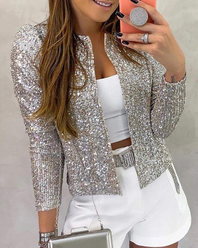 Women's silver sequin open-front party jacket with radiant shimmer for glamorous evening wear