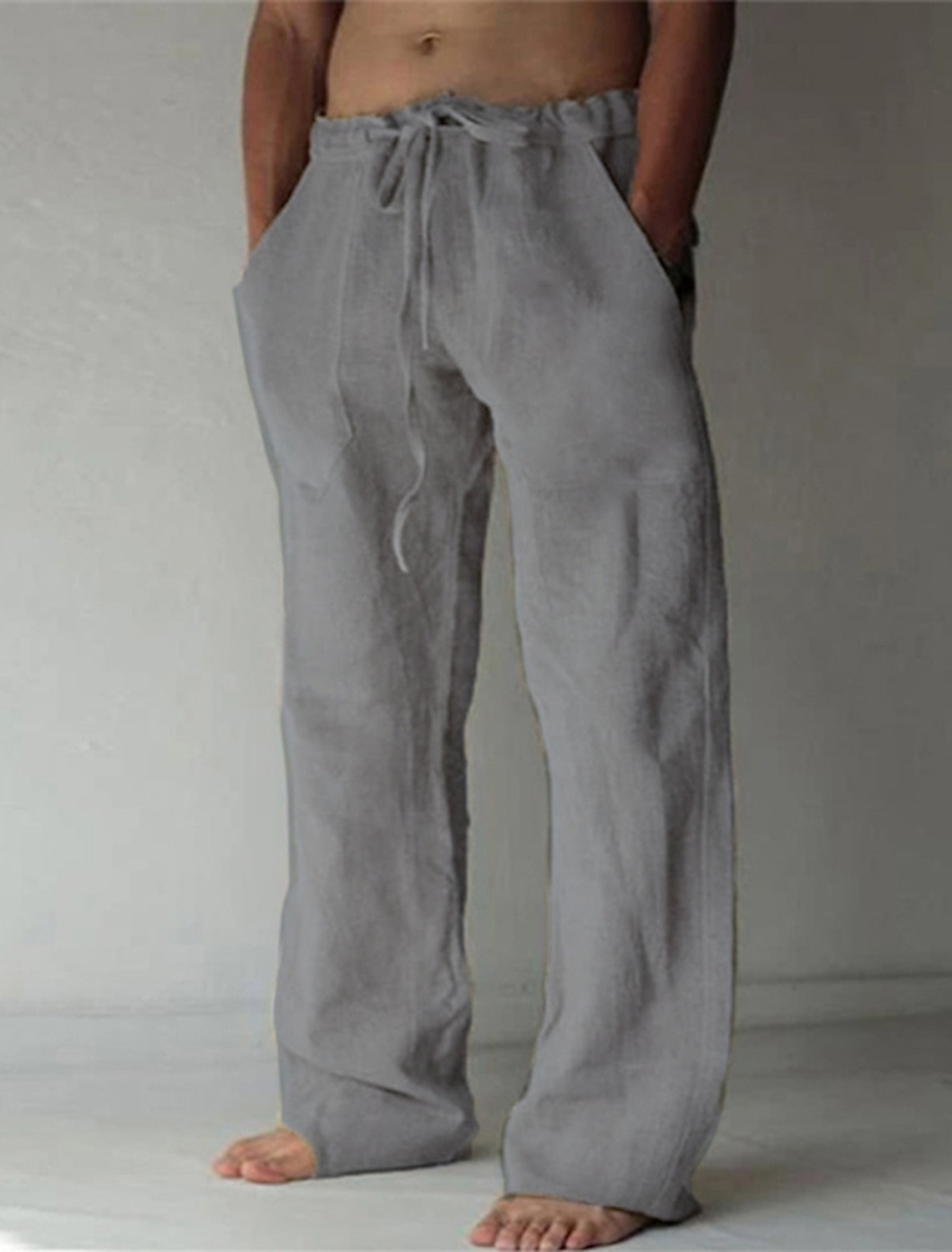 Men's beige linen blend pants loose fit drawstring waist lightweight casual summer trousers