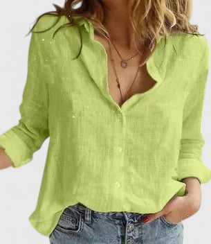 Women's linen button-down shirt with soft wavy lapel collar, relaxed polished fit for everyday wear