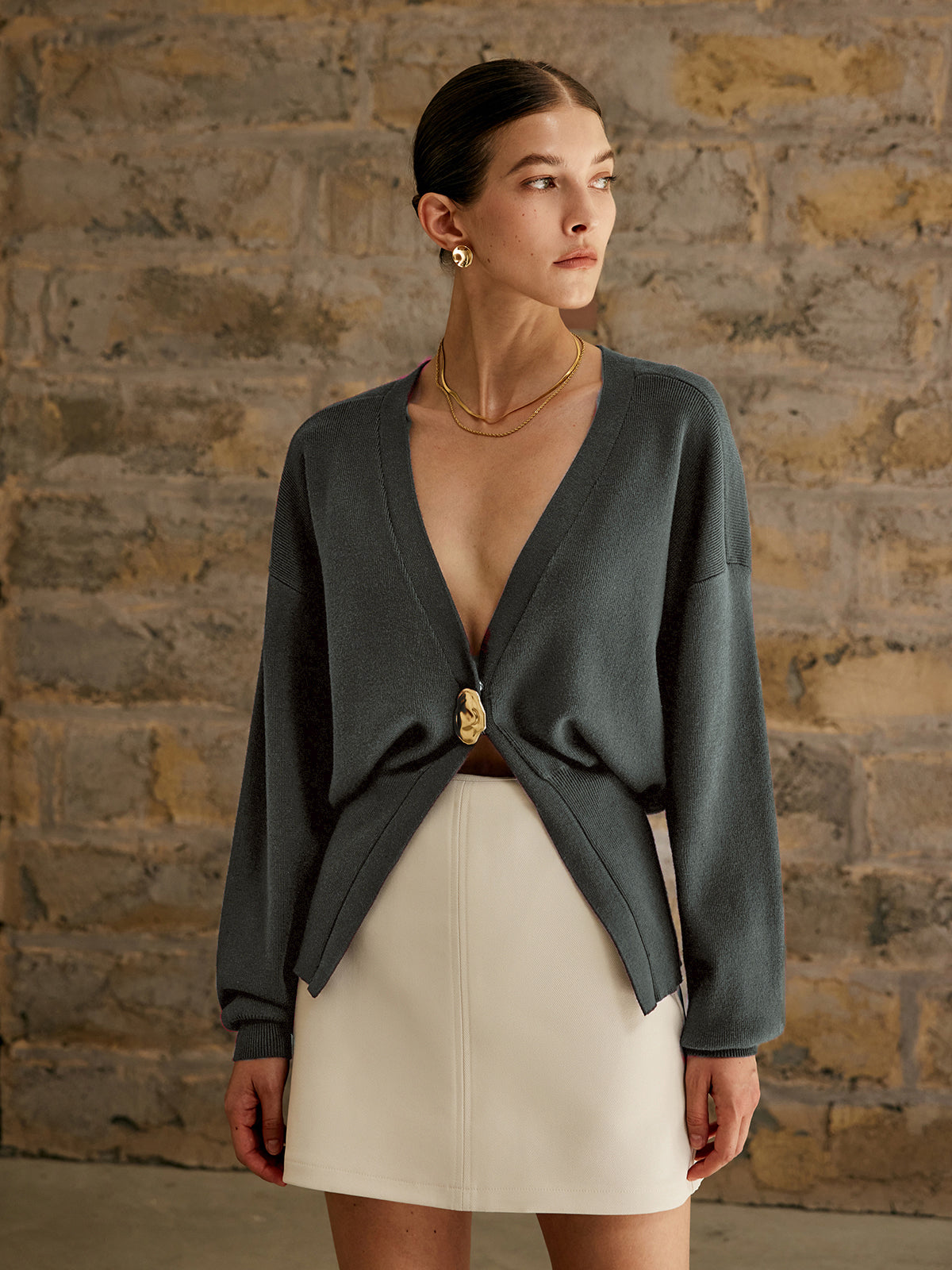 Elegant knit cardigan with gold buttons, regular fit, work-ready style in neutral plain colorway