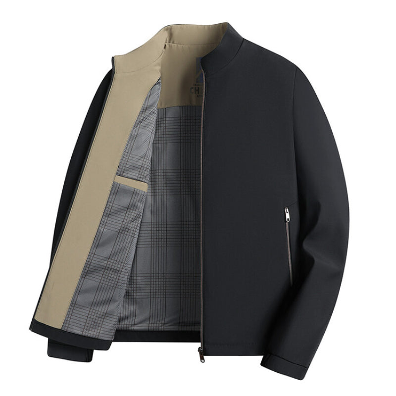 Men's navy stand collar windproof zip-up jacket relaxed fit for daily commute autumn wear