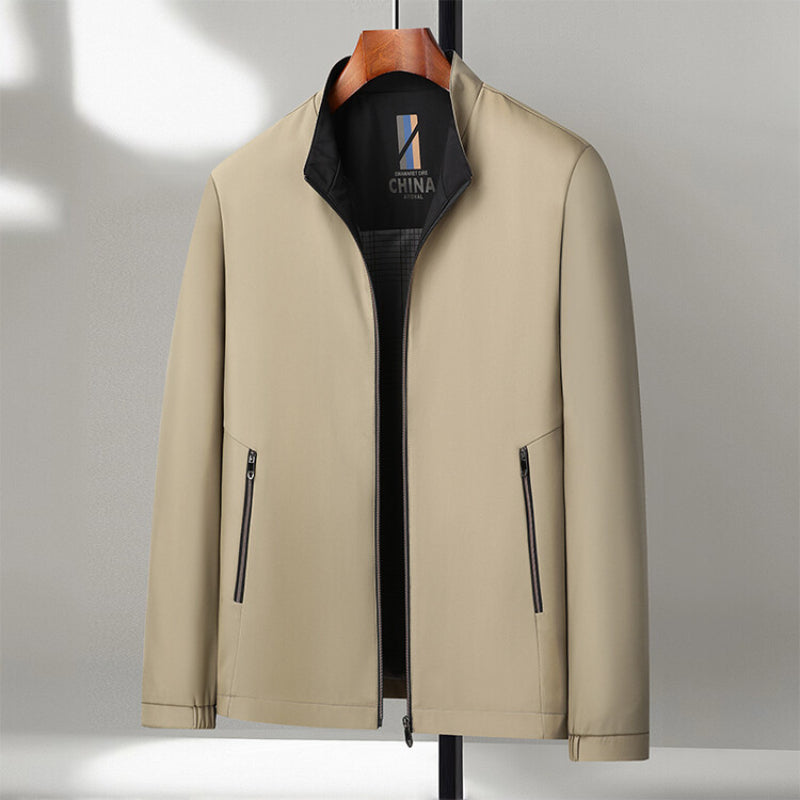 Men's dark stand collar windproof zip-up jacket with loose relaxed fit for daily commute