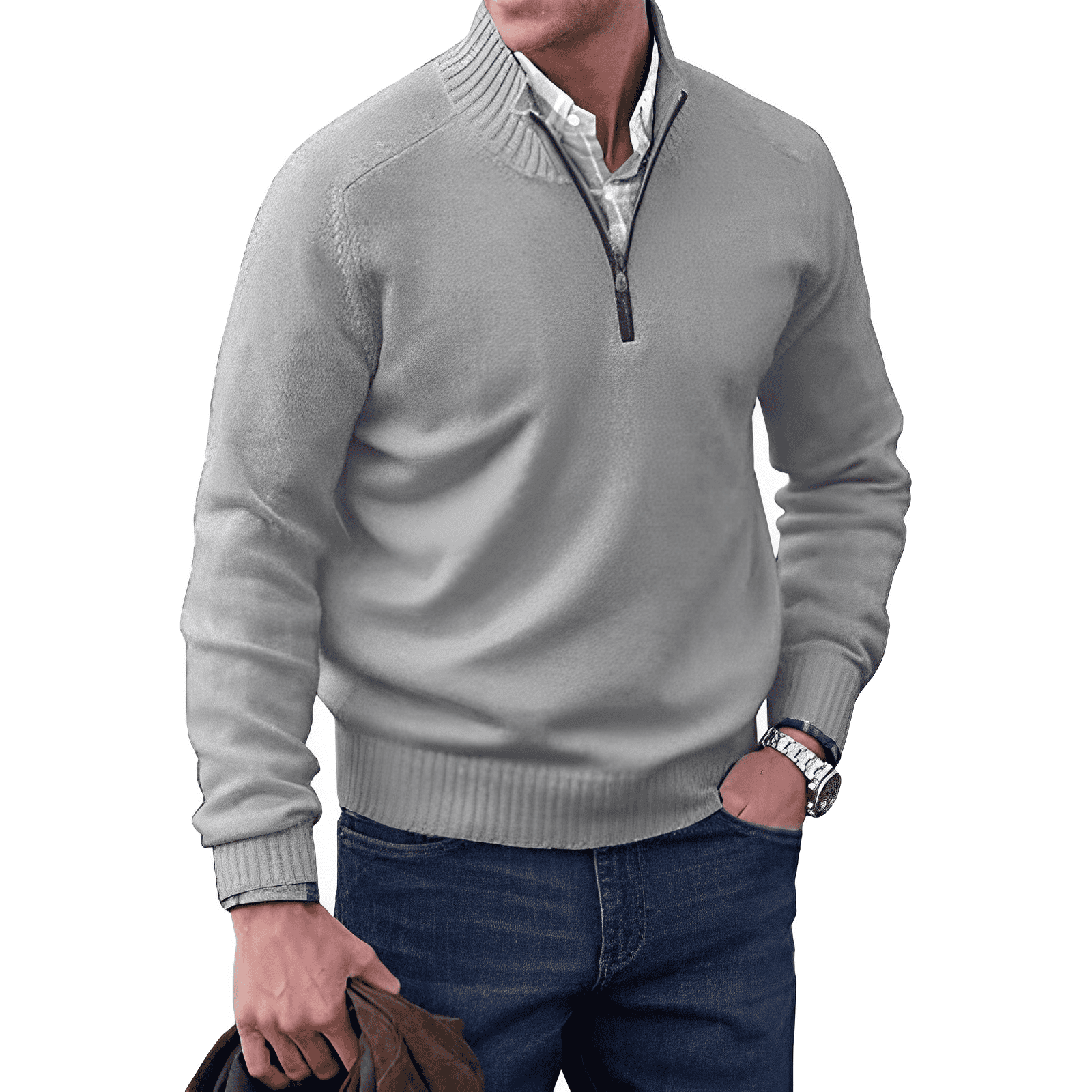 Men's grey knitted half-zip pullover jumper with soft cozy texture for smart-casual layering