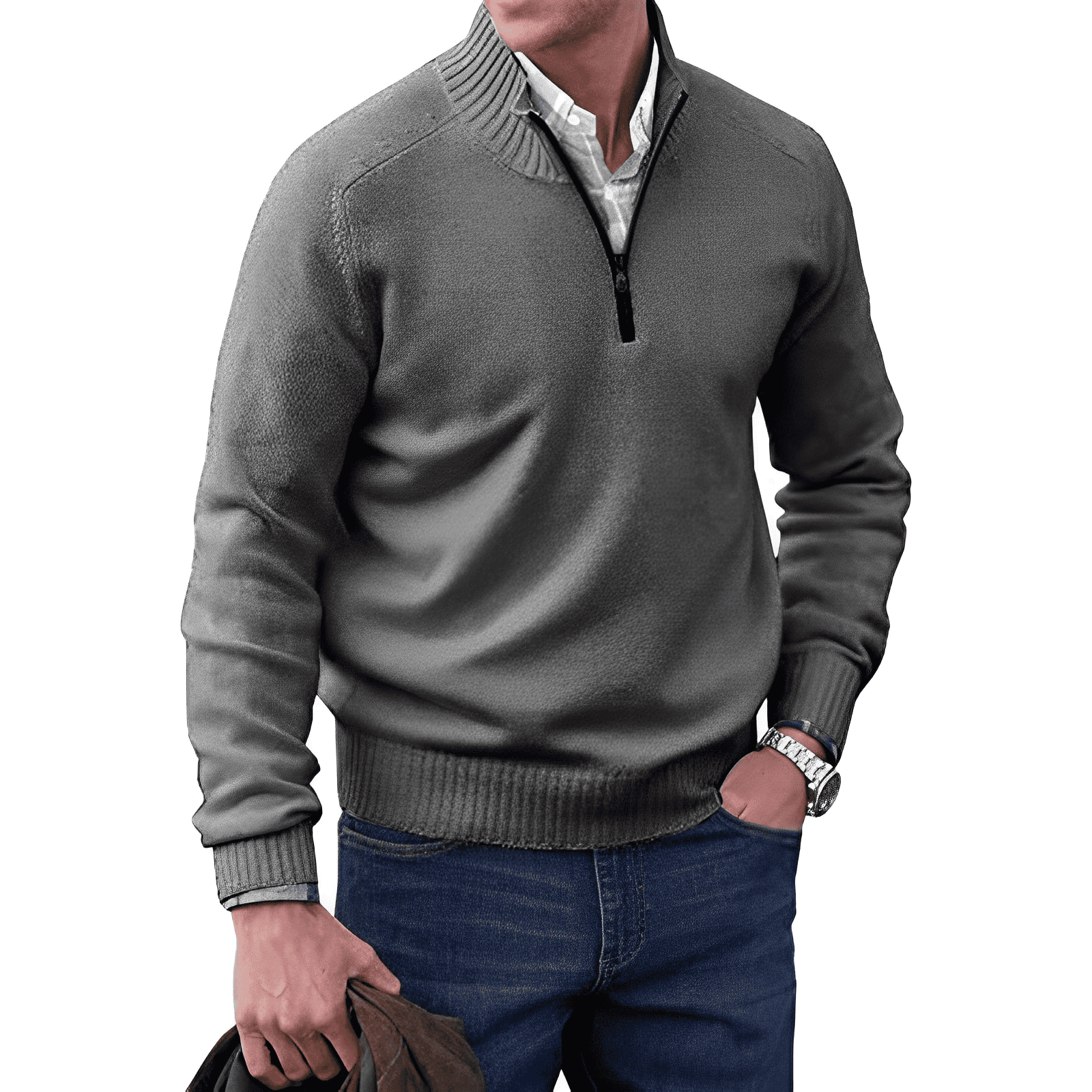Men's grey knitted half-zip pullover jumper with soft cozy texture, perfect for smart-casual layering