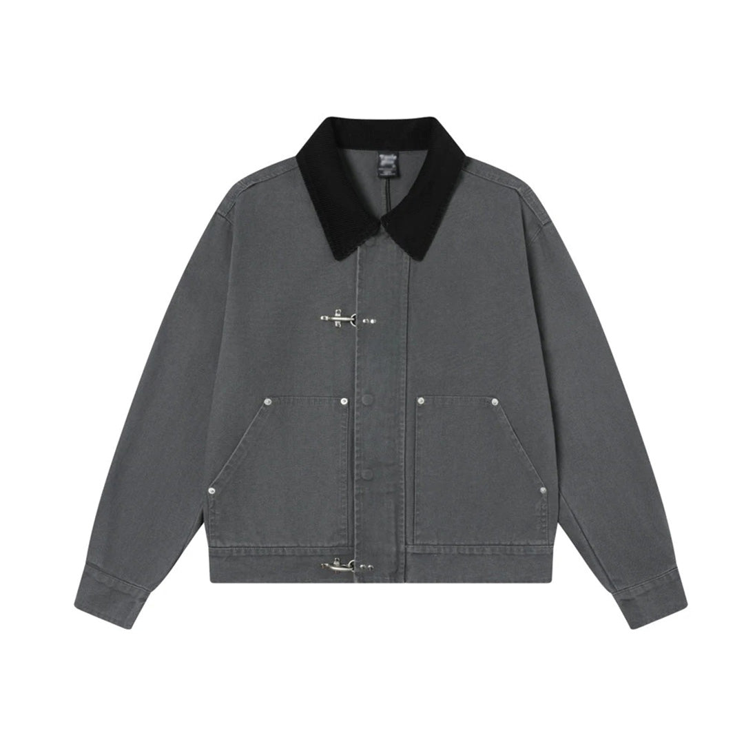 Garment-dyed cotton utility jacket, relaxed boxy fit with silver-tone metal hook-and-bar closure