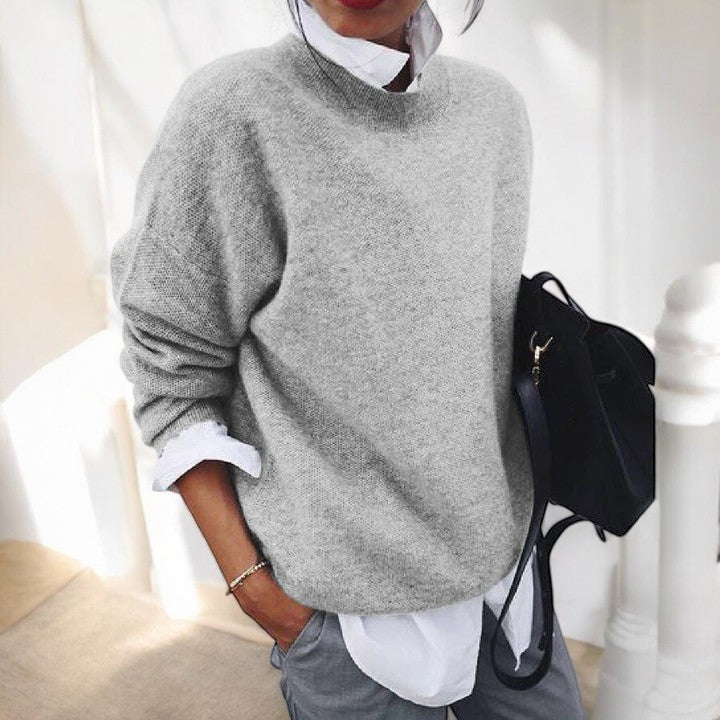Soft everyday women's knit sweater in neutral tones, relaxed cozy fit with understated elegant style