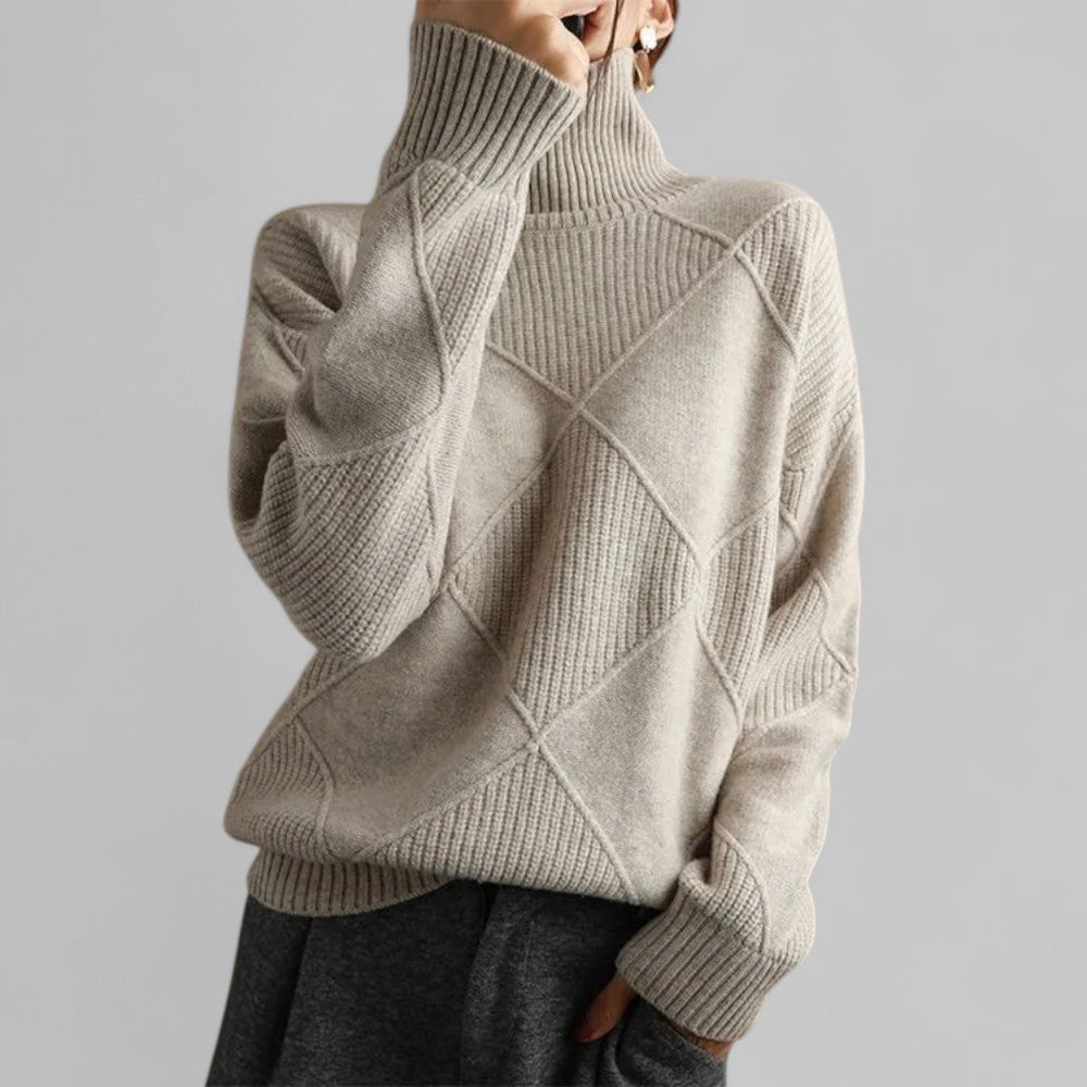Women's oversized turtleneck sweater relaxed silhouette bold patterned texture for modern winter layering