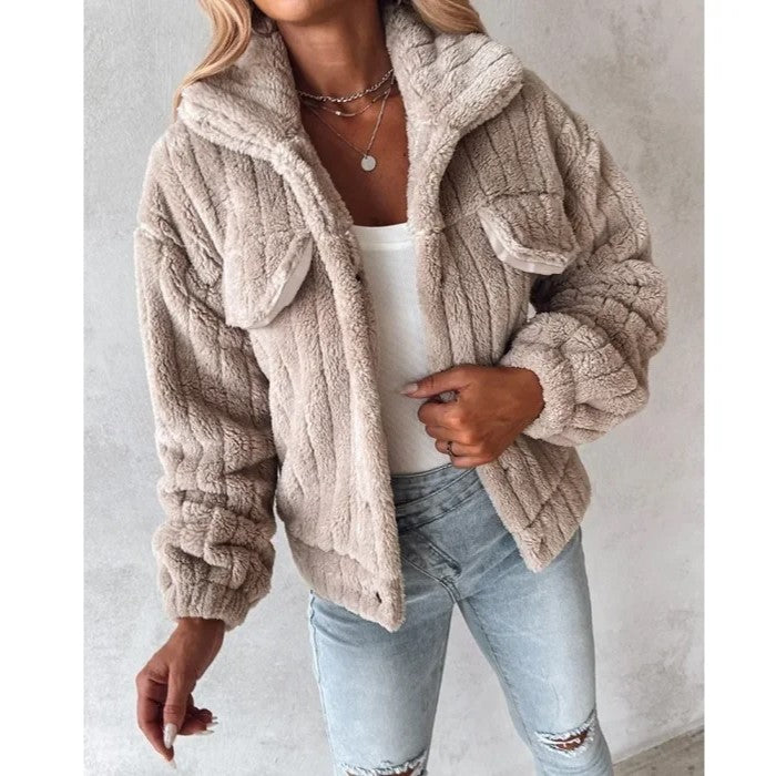 Cropped cream faux fur trucker jacket ribbed knit loose fit wide turn-down collar oversized pockets