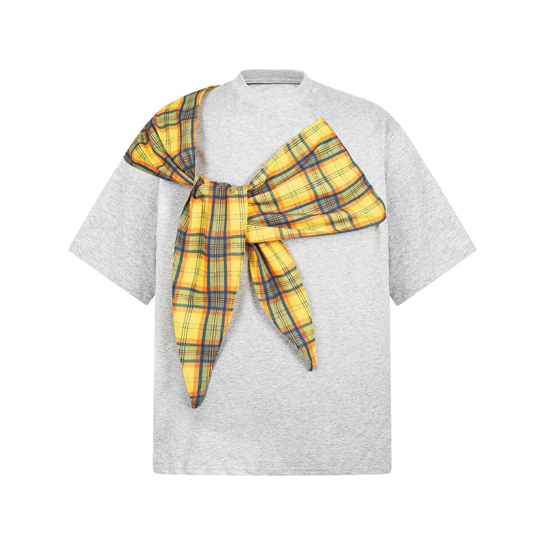 White regular fit cotton O-neck tee with oversized offset plaid bow stitched at neckline