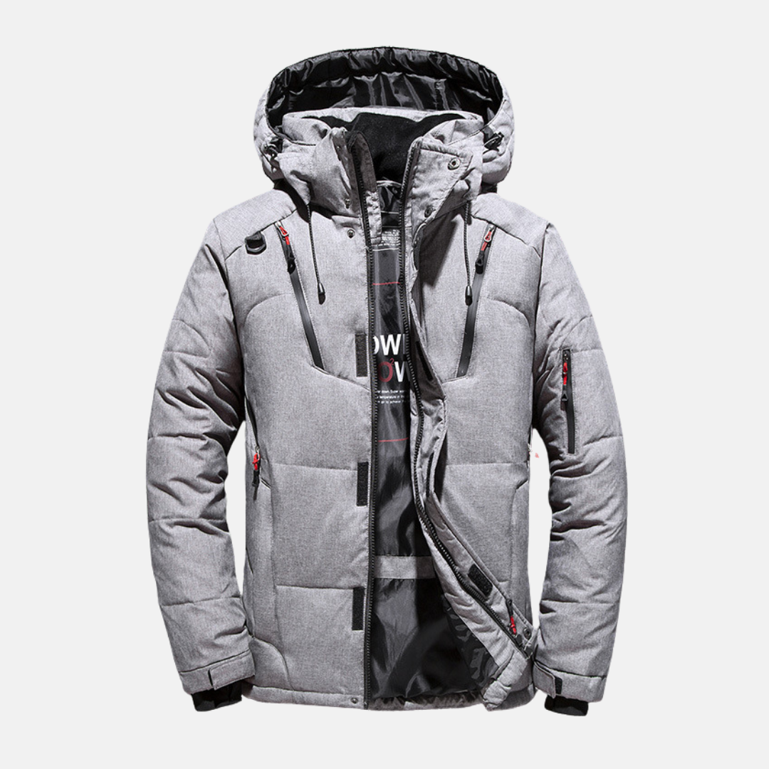 Men's black quilted insulated hooded jacket relaxed hip-length fit lightweight padded winter coat