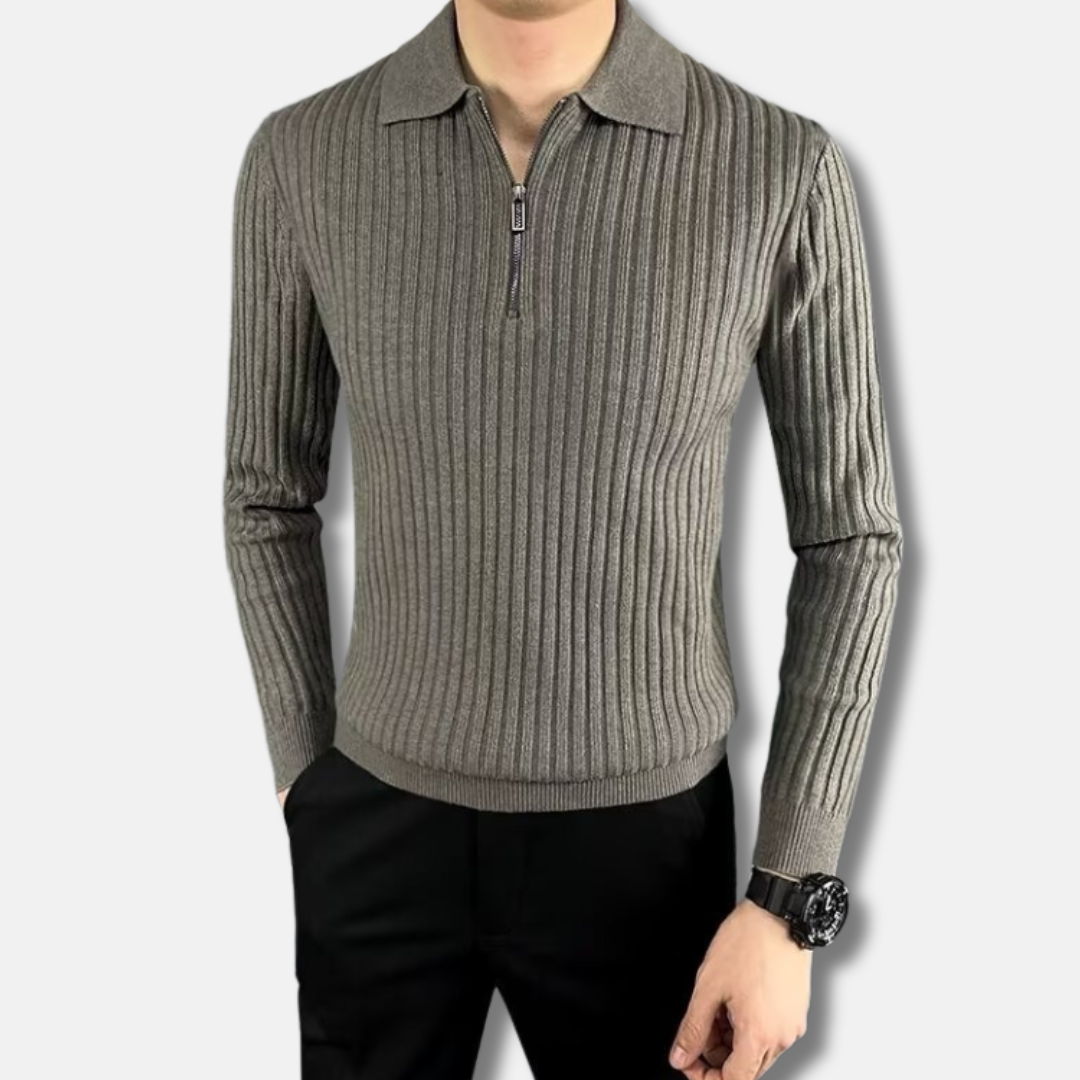 Men's ribbed knit half-zip polo collar sweater slim fit long sleeve smart casual knitwear