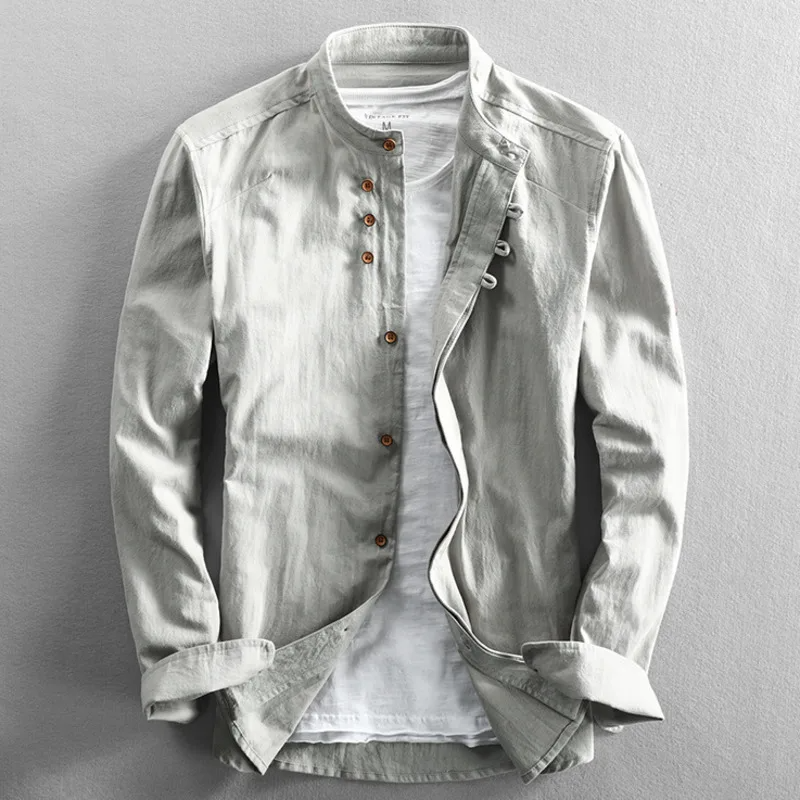 Men's slim fit white linen shirt with mandarin collar, button front, long sleeve casual hip length