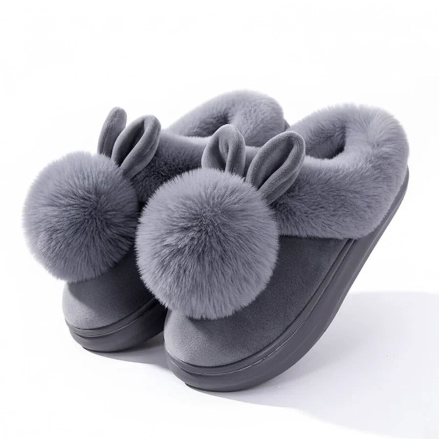 Women's ivory plush slip-on slippers with soft bunny ear fur trim for cozy winter indoor wear