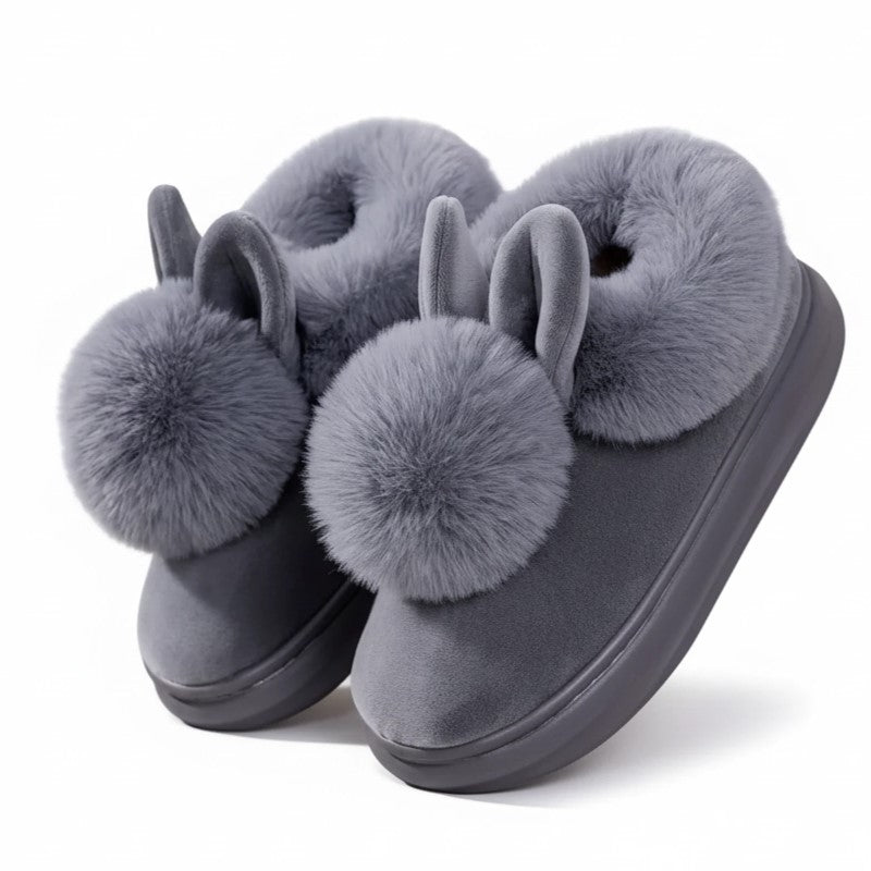 Women's ivory plush slip-on slippers with playful bunny ear fur trim detail