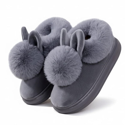 Women's ivory plush slip-on slippers with playful bunny ear fur trim detail