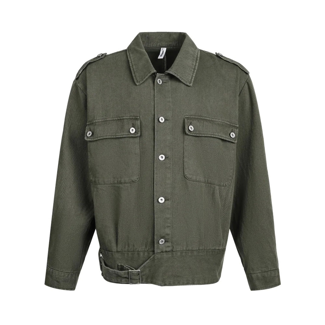 Black cotton canvas boxy workcoat with dual zip chest pockets and adjustable waist tab