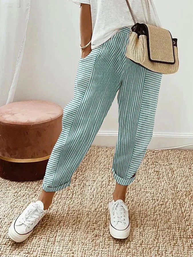 Striped relaxed-fit trousers with elastic waistband, effortless everyday style for women