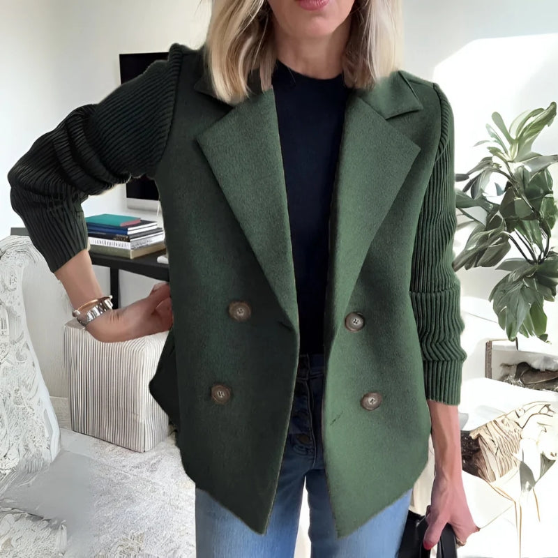 Velin camel sweater blazer with structured silhouette, stretch sleeves, and soft double-knit fabric