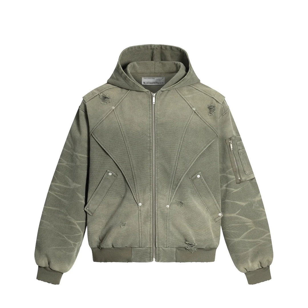 Black hooded cotton jacket with paneled construction, distressed accents, zip pockets, and regular fit