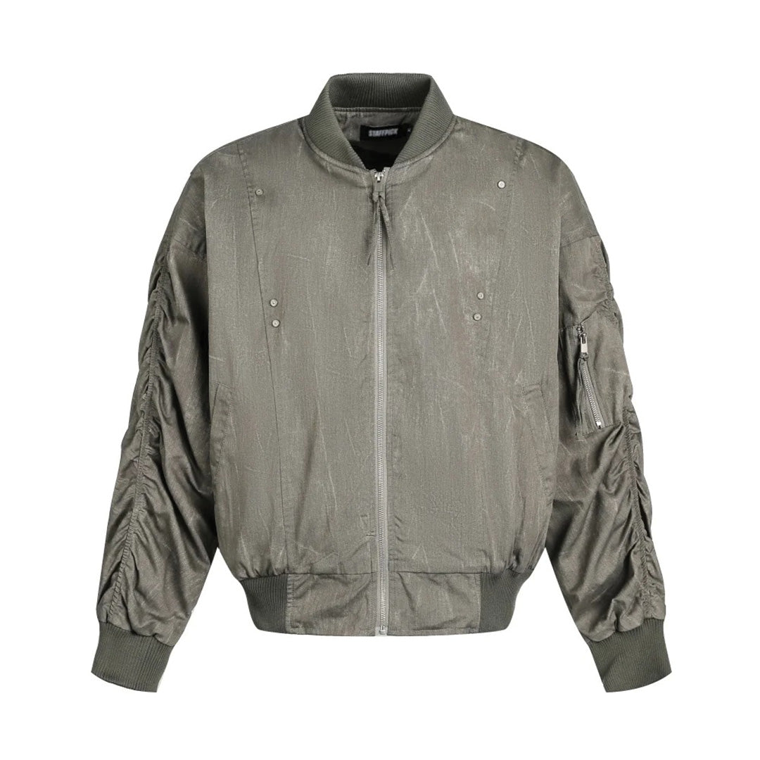 Brutalist unisex shell bomber jacket lightweight crinkled nylon satin gathered sleeves distressed hardware