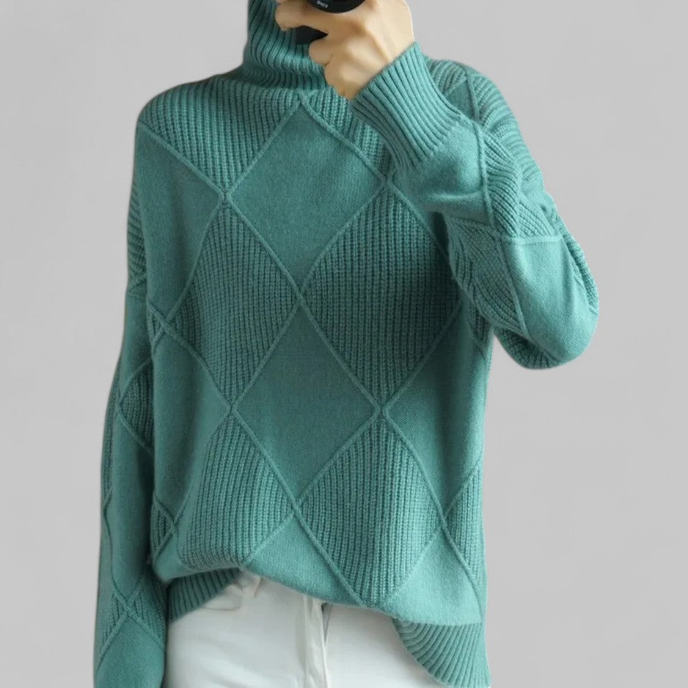 Women's oversized turtleneck sweater relaxed silhouette bold patterned texture for chilly days