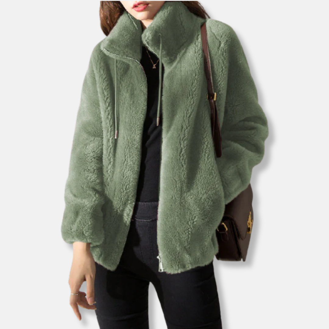 Women's gray fleece jacket relaxed fit stand collar full zip with elastic cuffs casual style