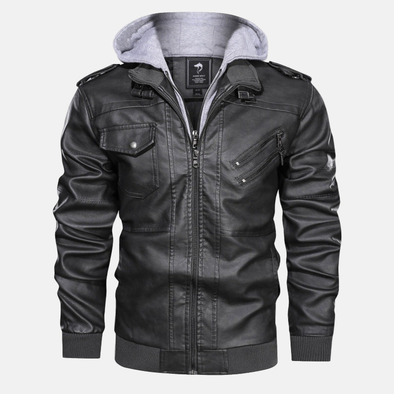 Men's black PU leather hooded moto jacket with zip pockets and rugged biker-style cut