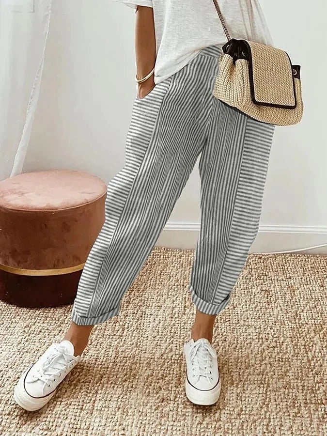 Striped relaxed-fit trousers with elastic waistband for effortless all-day comfort and style