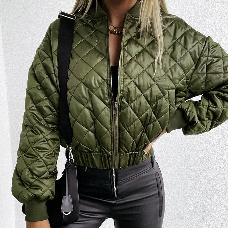Women's cropped quilted bomber jacket zip-up with diamond-quilted pattern in urban street style