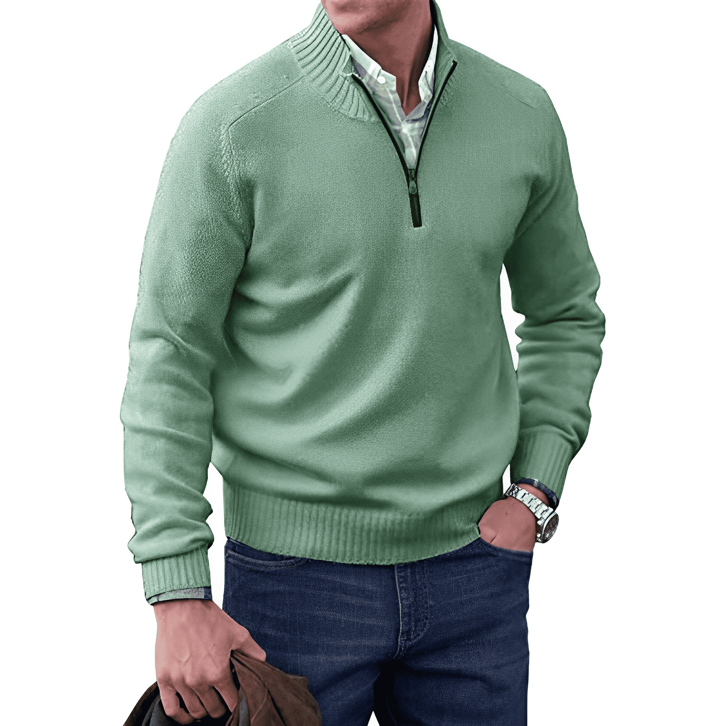 Men's grey knitted half-zip pullover jumper with soft cozy texture for layering warmth