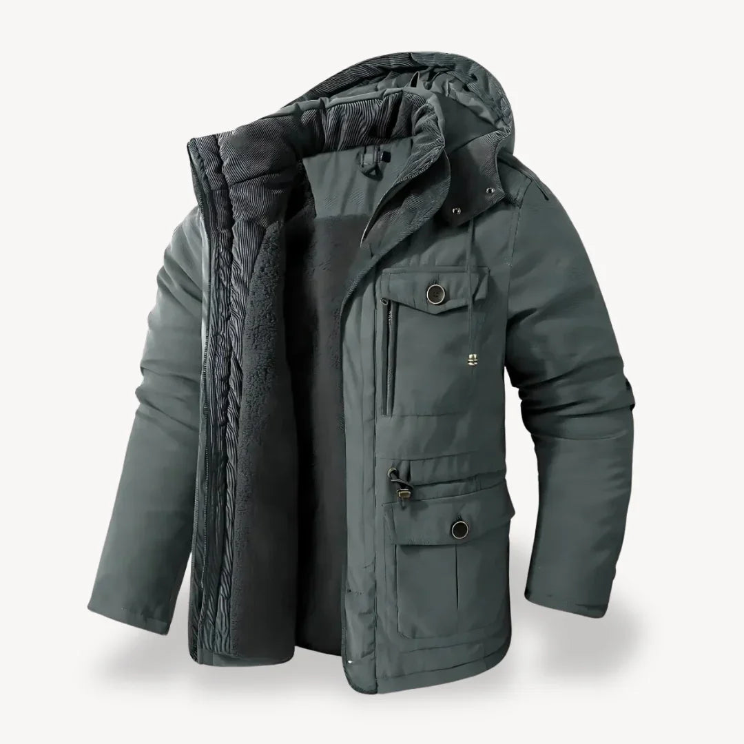 Men's heavy-duty insulated winter jacket with hood, rugged all-weather outerwear by Wavlynn