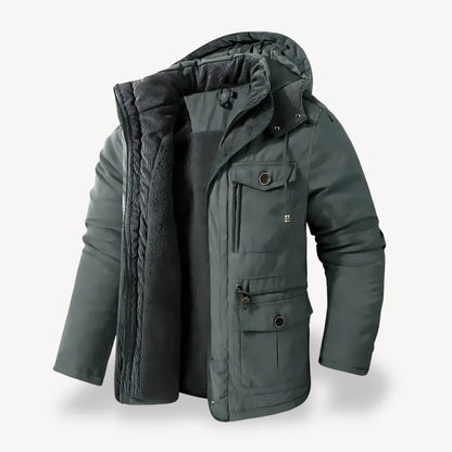 Men's heavy-duty insulated winter jacket with hood, rugged all-weather outerwear by Wavlynn