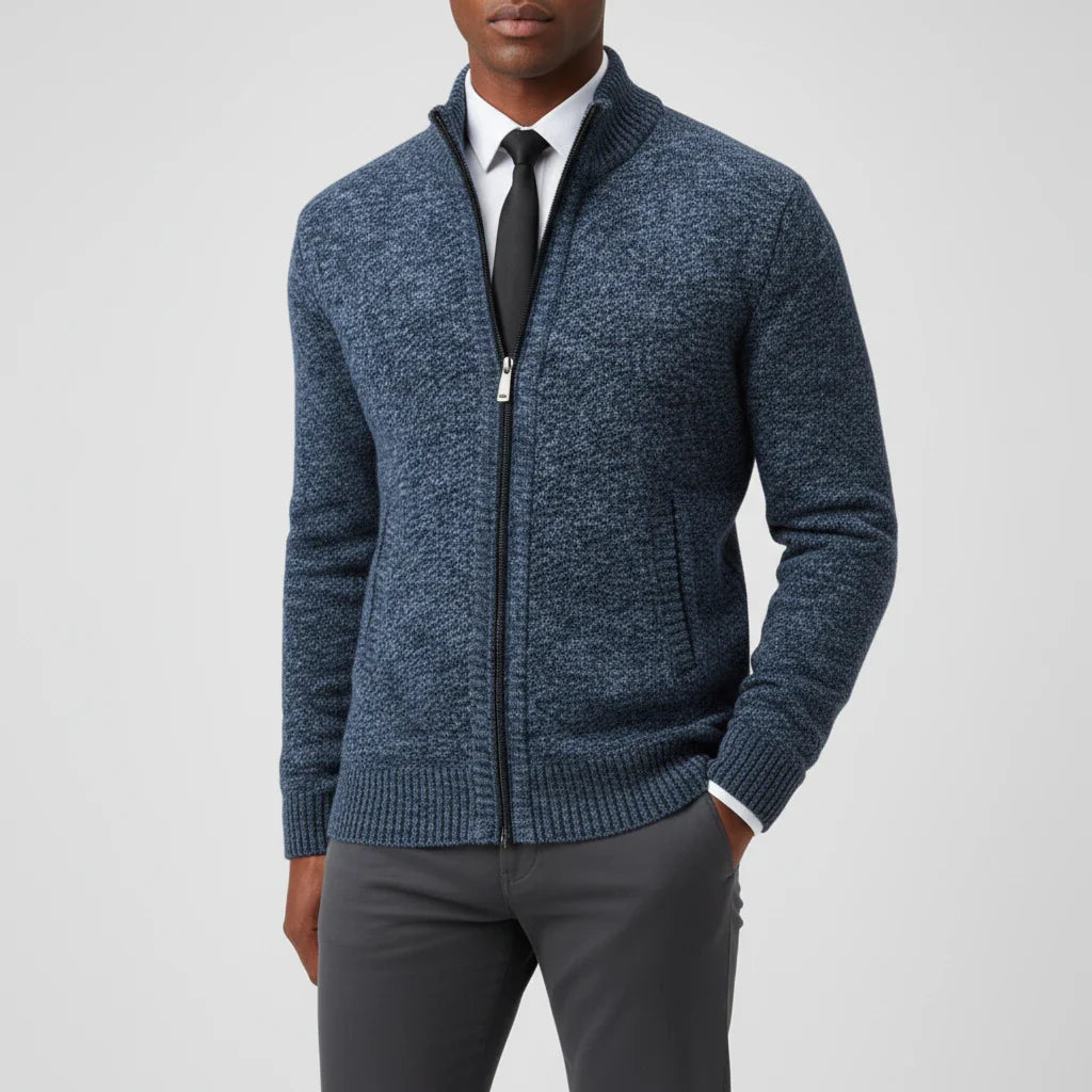 Men's zip-up stand collar sweater in neutral tone, slim-fit layering piece with full-length zipper