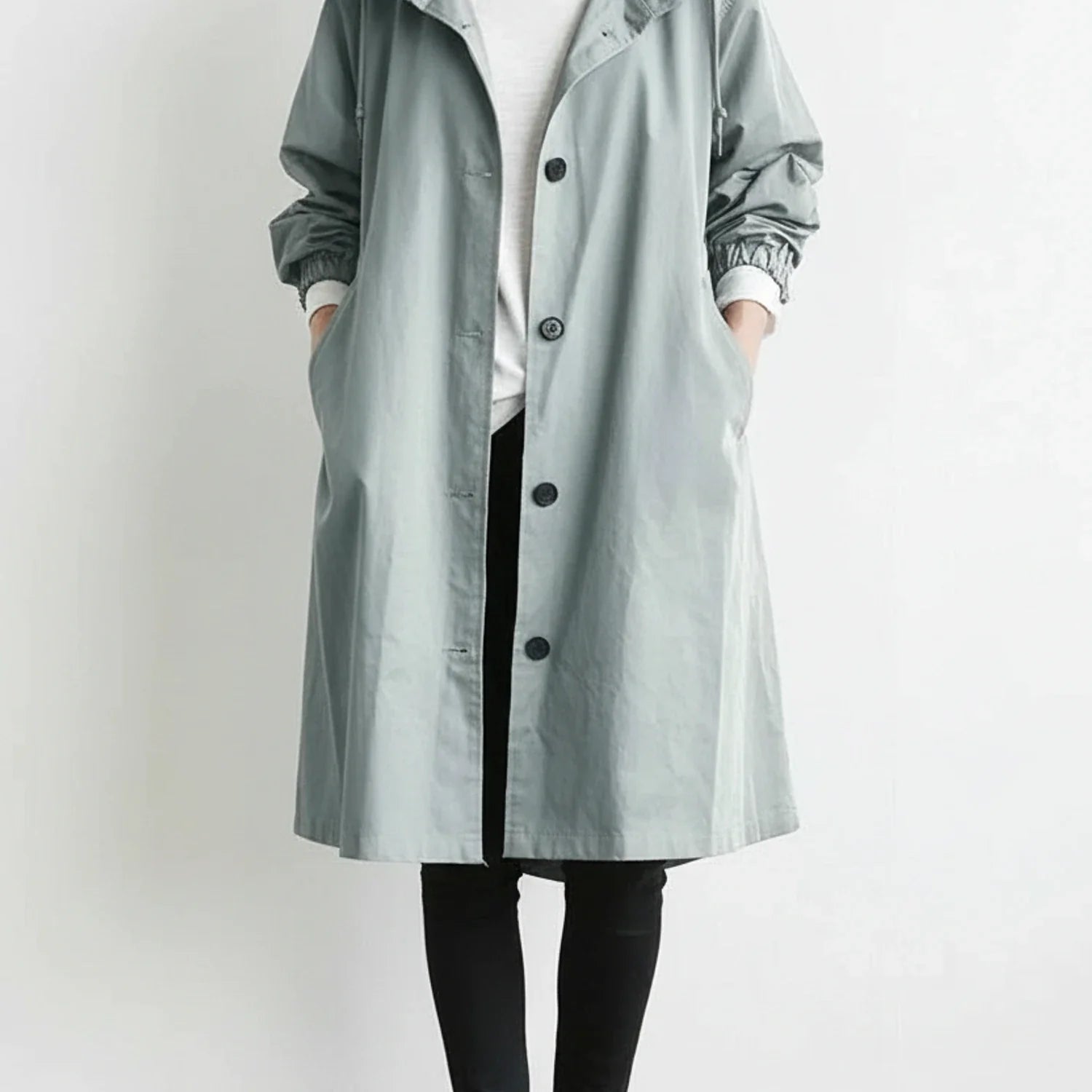 Women's long hooded coat A-line silhouette with drawstring hood and side pockets