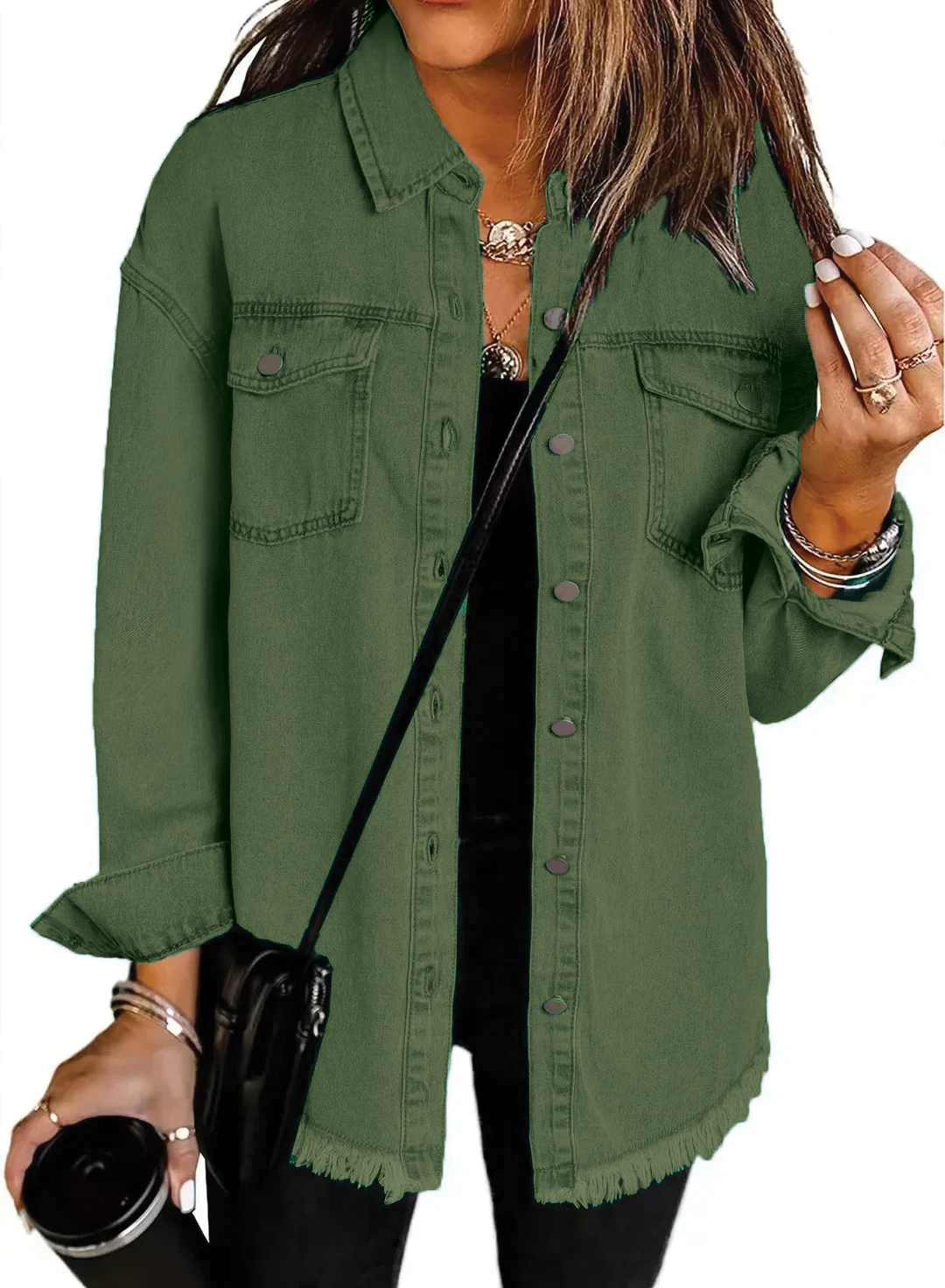 Washed denim shirt jacket with relaxed fit and raw fringe hem, casual street-ready layering piece