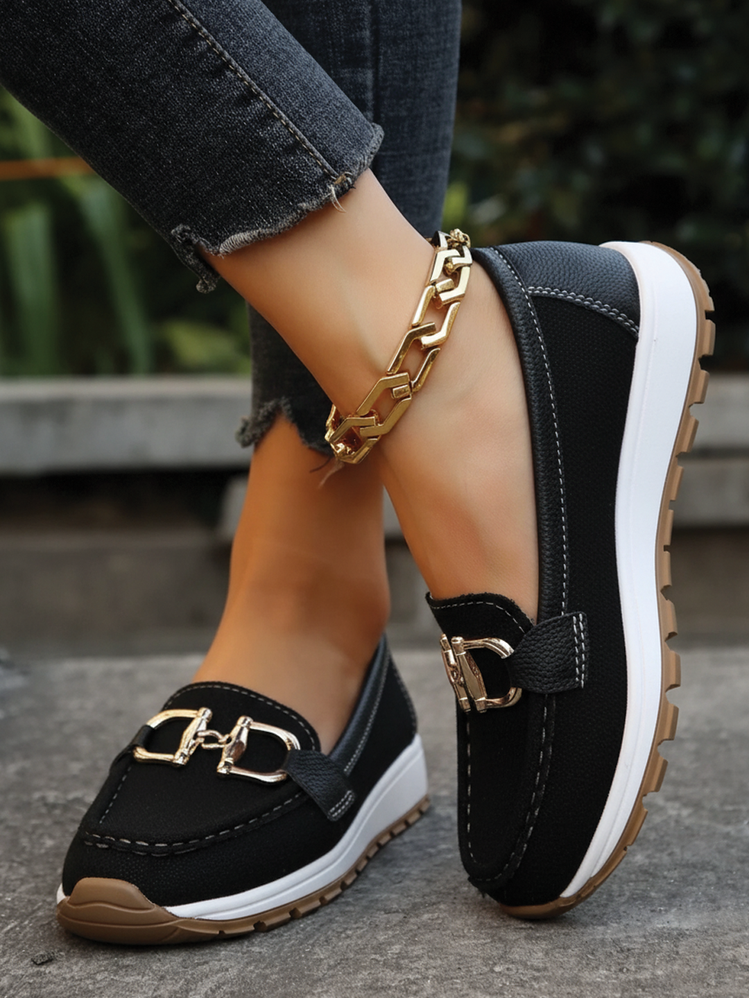 Women's flat buckle loafers vegan leather smooth textured upper versatile everyday style